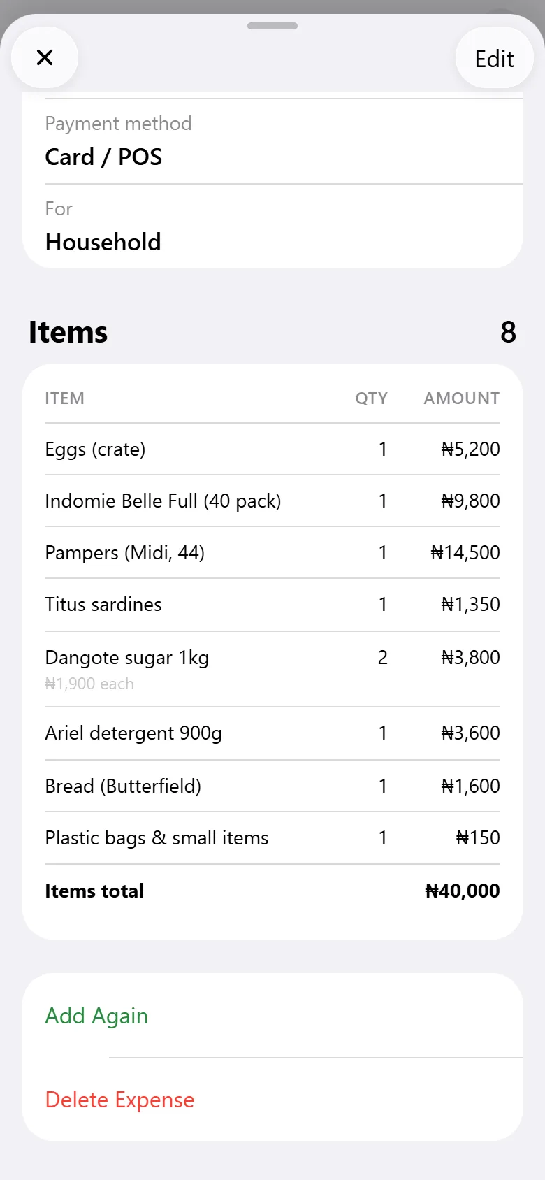A ₦40,000 supermarket receipt broken into items: eggs, Indomie, Pampers, sardines, sugar, detergent and bread